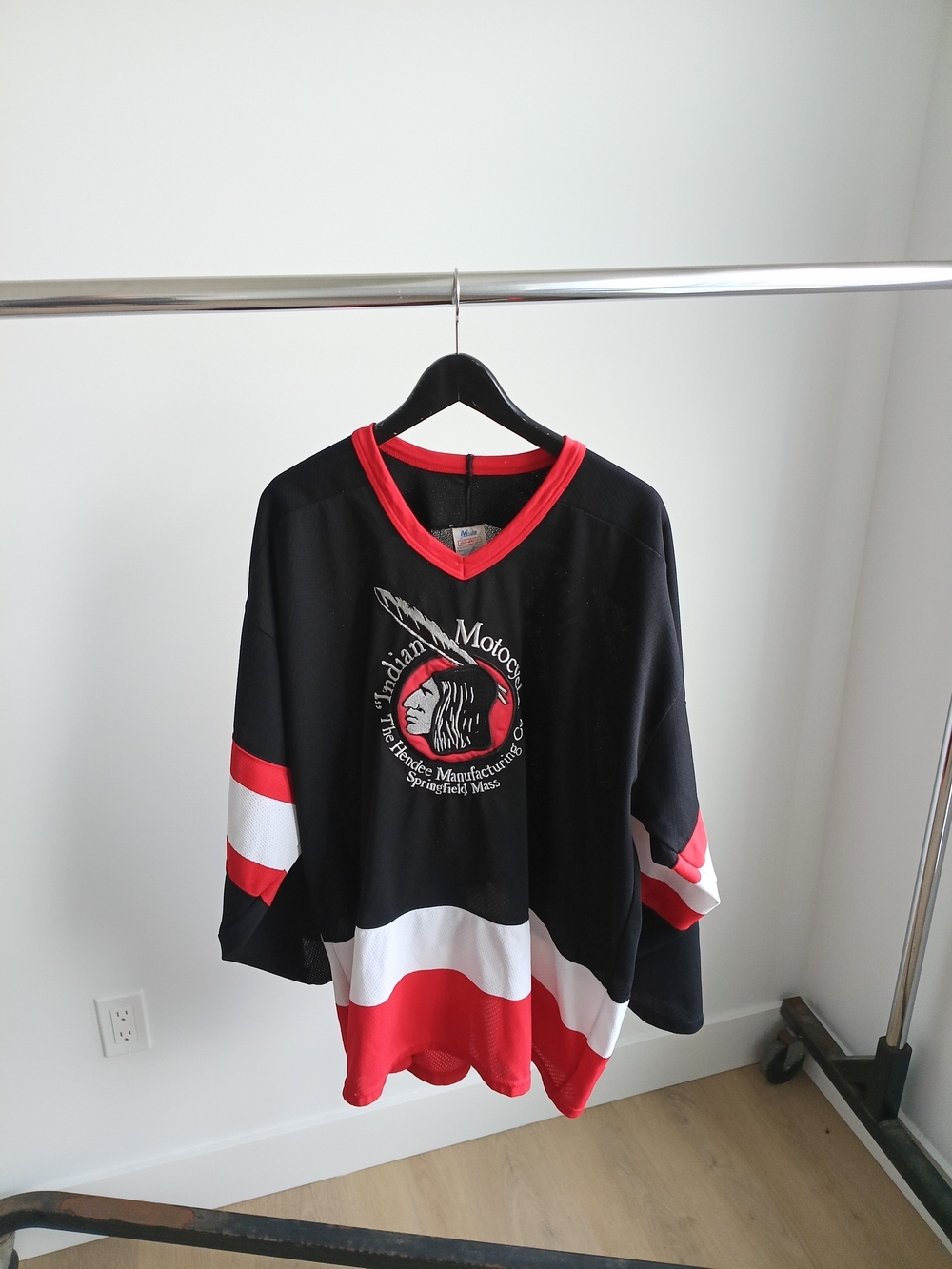 Vintage 90s Indian Motorcycle CCM Maska Hockey Jersey XXL Black Red Rare